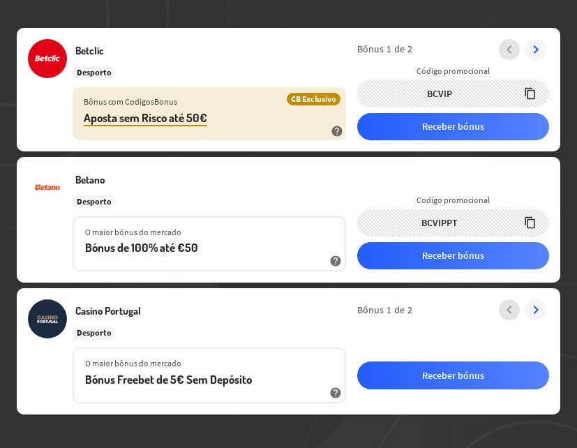 Códigos bónus para casas de apostas e casinos legais em Portugal